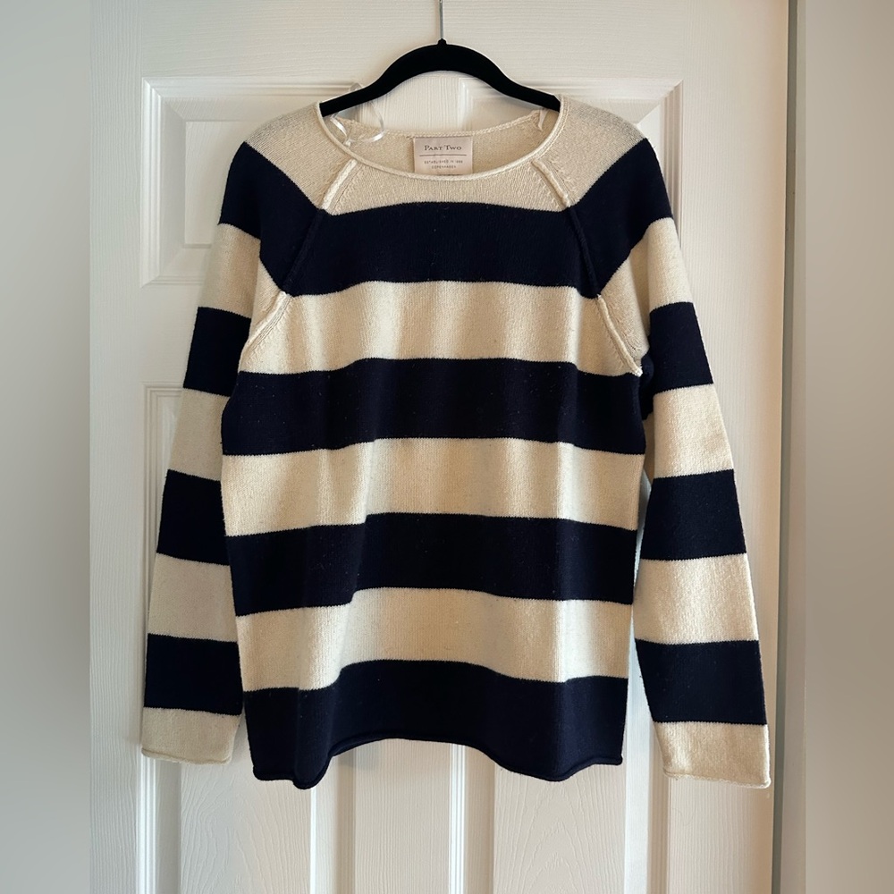 Part Two Wool Classic Striped Crew Neck Sweater - Navy and Cream